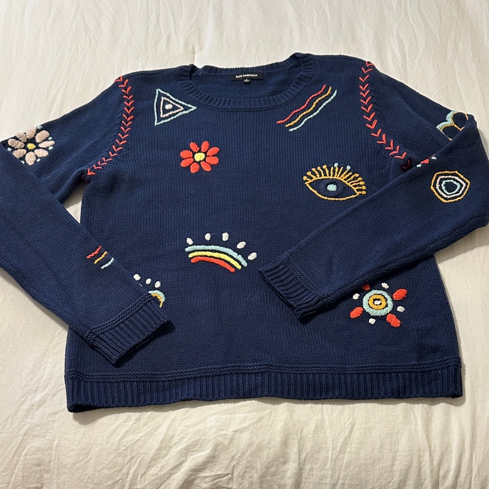 525 America Navy Sweater with Colorful Embroidery NWOT